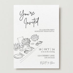 May include: A black and white illustration of a dinner party invitation with the text "You're Invited" to a dinner party hosted by Sam & Olivia on October 24th at 6 pm. The address is 123 Cherry Lane, Los Angeles. RSVP to Olivia.
