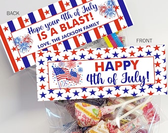 May include: Personalized treat bag topper with red, white, and blue stars and fireworks. The topper says "Happy 4th of July!" and is designed for a clear treat bag filled with candy. The text "Candy is NOT included" is printed below the bag.