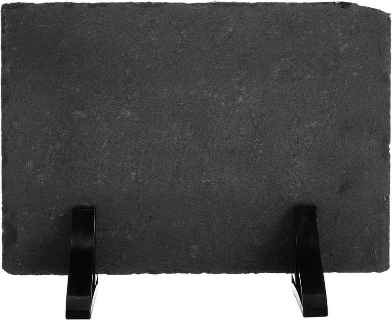 May include: A black slate photo frame with two black metal kickstands. The frame is blank and ready for a photo.