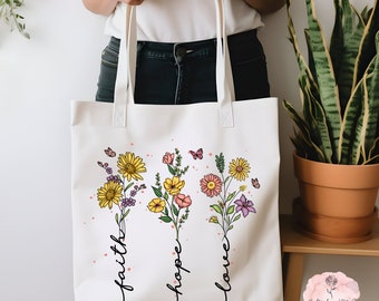 Wildflower Canvas Tote Bag, Birthday gift for her, Gift for mom, Best friends gifts, Bridesmaids gift, Graduation gift, Free Shipping