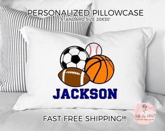 Personalized Sports Pillowcase, Football Basketball Baseball Soccer Pillowcase, Kids Pillowcase, Gift for child, Childrens pillowcase