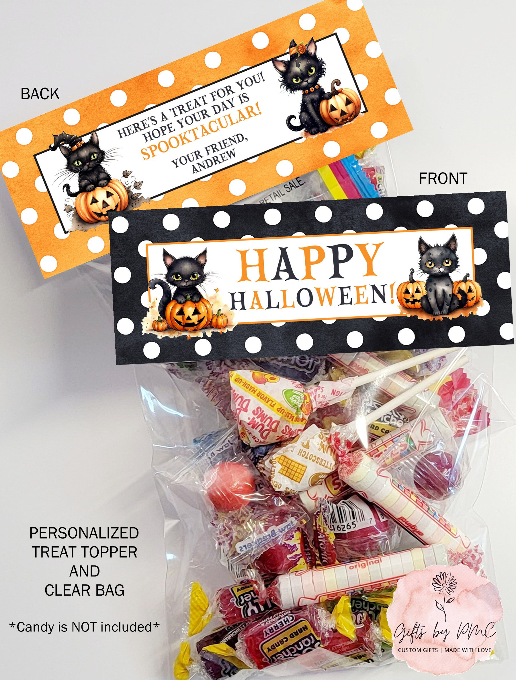 ¡Bolsa de regalo de Halloween personalizada impresa/enviada, bolsa de Halloween de gato negro, bolsa de dulces, adorno de bolsa de Halloween, adorno y bolsa incluidos!