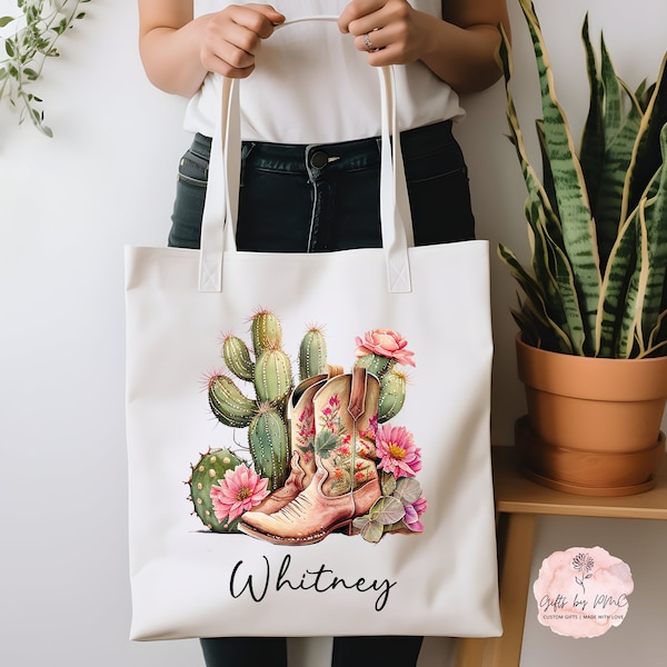 Western Cactus Boots Canvas Tote Bag, Birthday gift for her, Gift for mom, Best friend gift, Bridesmaid gift, Graduation gift, Free Shipping