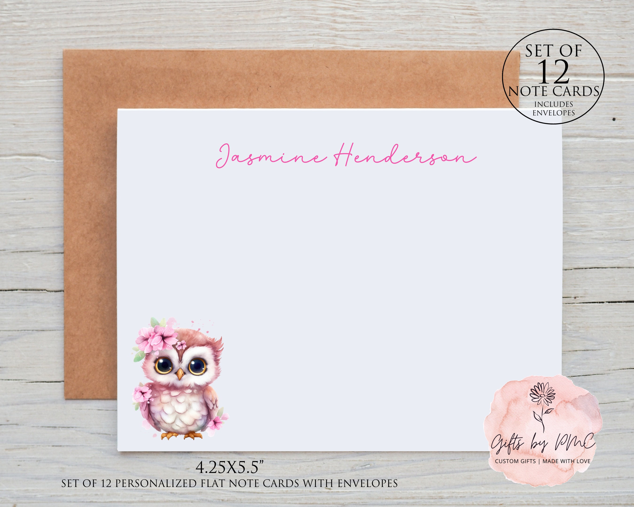 Personalized Owl Note cards, Set of 12, Owl Personalized Stationery Set, Personalized Stationery, envelopes included, FREE SHIPPING