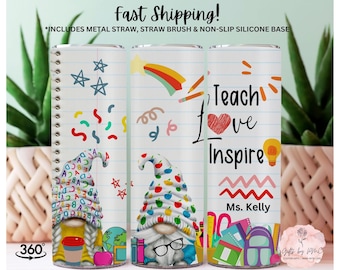 Teach Love Inspire Tumbler , Teacher Tumbler, 20oz Tumbler, Christmas Gift for Teacher, Gnome Teacher Gift, Gnome and Books