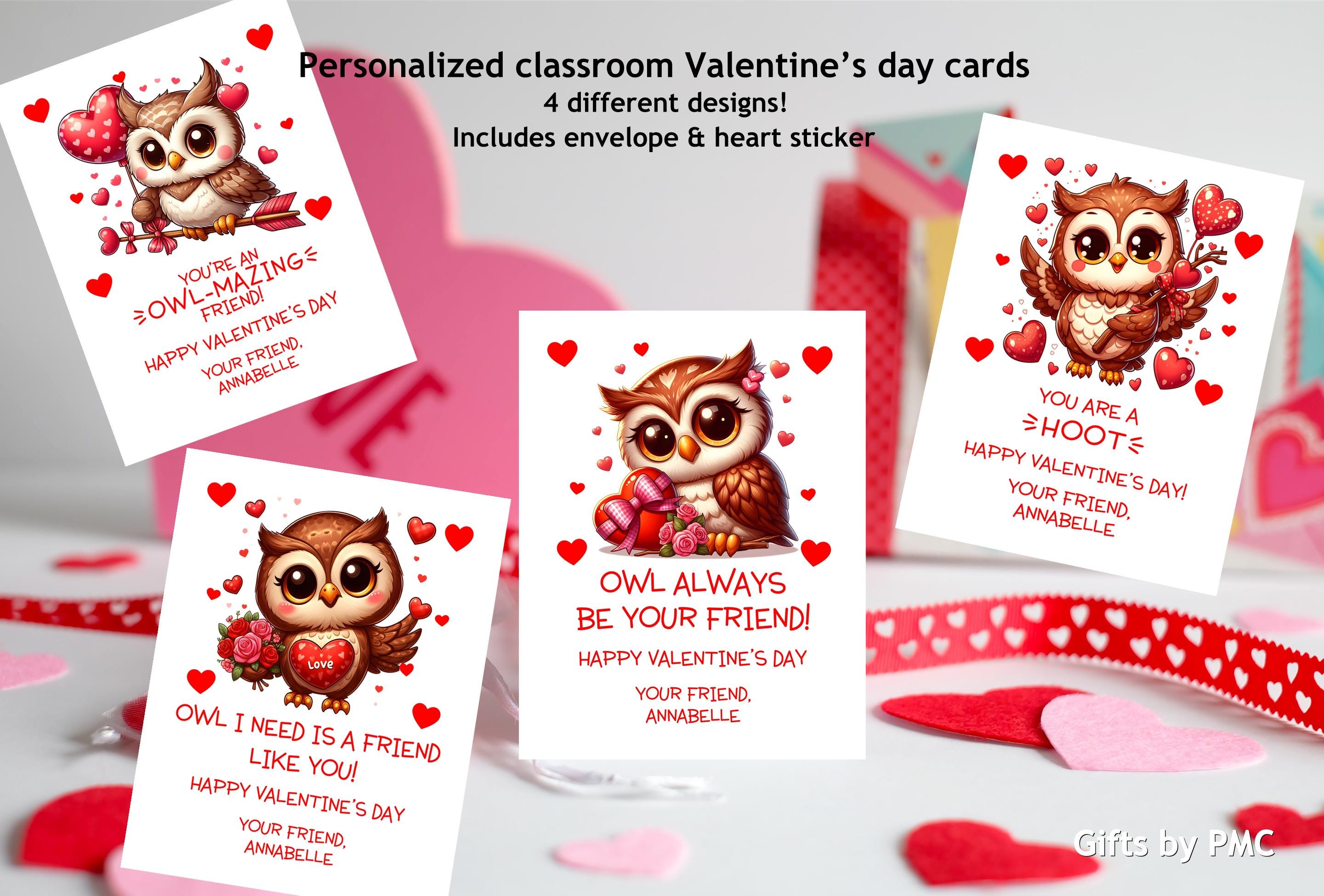 PRINTED Personalized Owl Classroom Valentine's Day Cards, Valentine's Day Cards, Owl Valenti