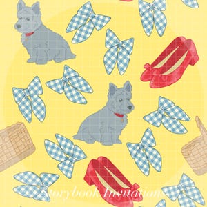 May include: A whimsical illustration featuring a repeating pattern of a gray dog with a red collar, red shoes, blue and white gingham bows, and a basket on a yellow background. The text "Storybook Invitations" is at the bottom.