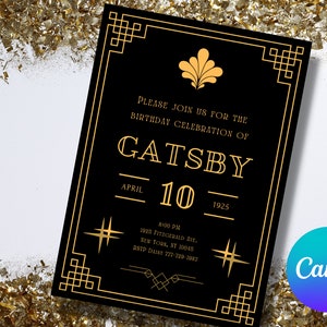 Gatsby Birthday Invitation: Roaring 20s Art Deco Canva Template (Digital Download)