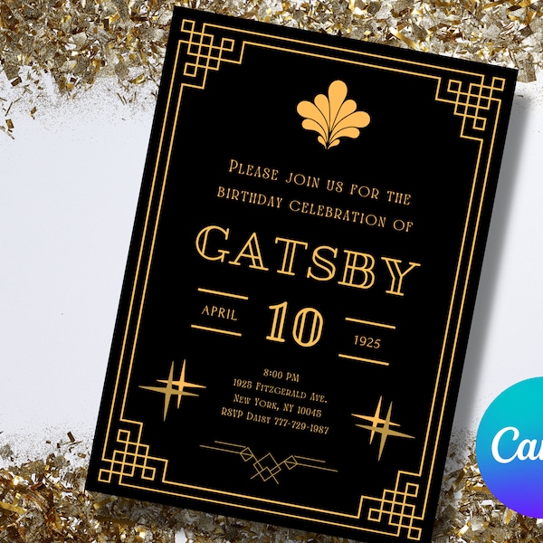 The Great Gatsby Birthday Invitation Canva Template | Gatsby 1920s Invitation Download | Roaring 20s Invite | Gatsby Downloadable Invitation