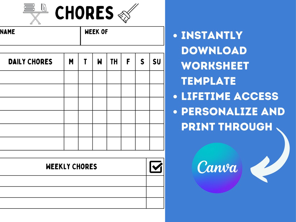 Simple Chore Chart Printable Chore Chart Weekly Chore Chart Sheet Chore ...