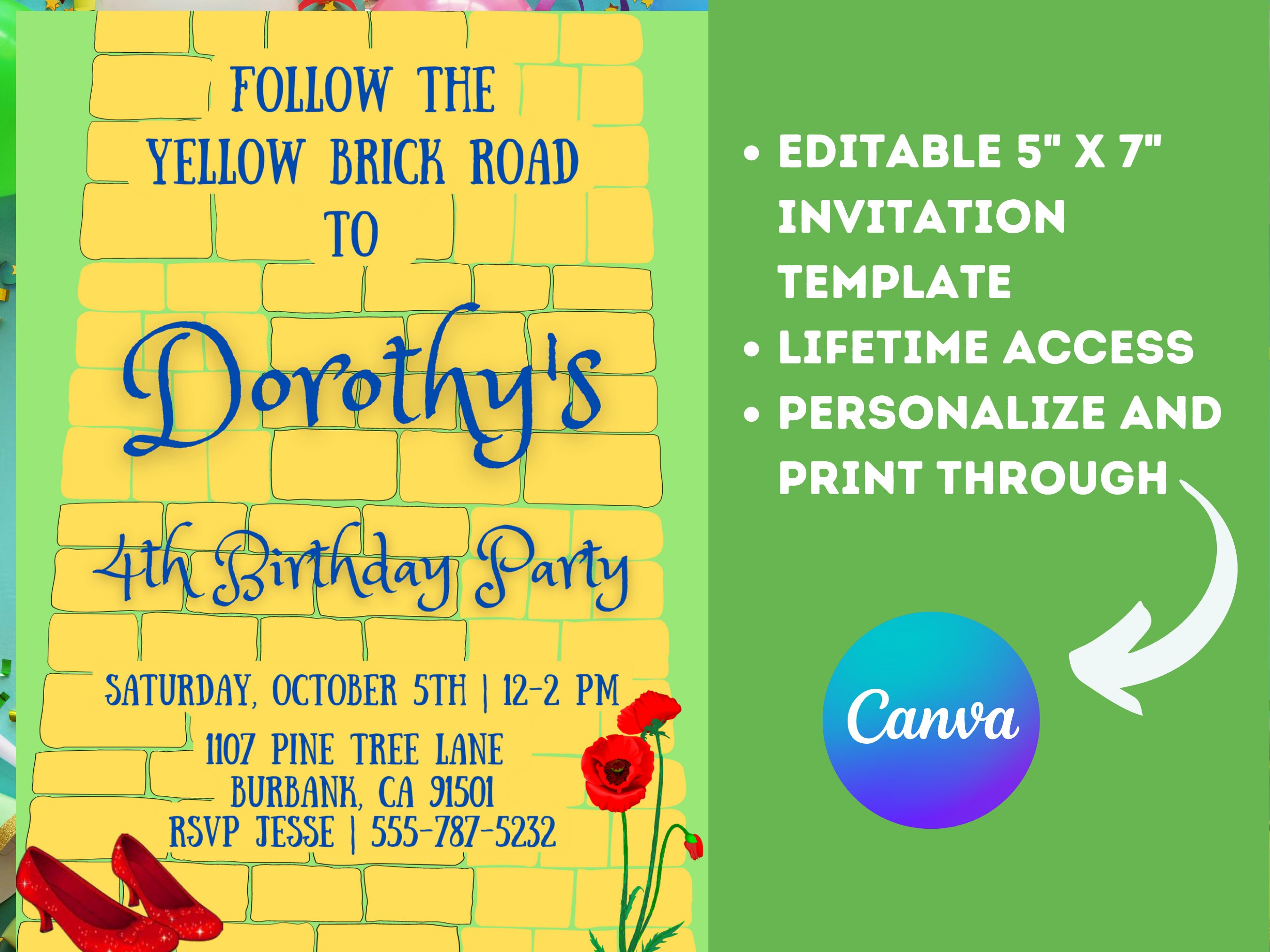 Wizard of Oz Invitation Canva Template Dorothy Birthday Invitation ...