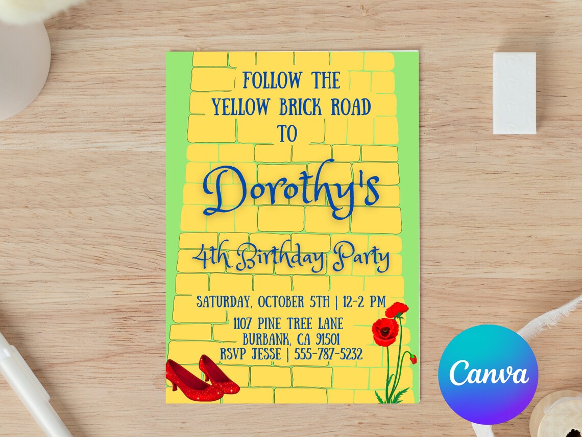 Wizard of Oz Invitation Canva Template Dorothy Birthday Invitation ...