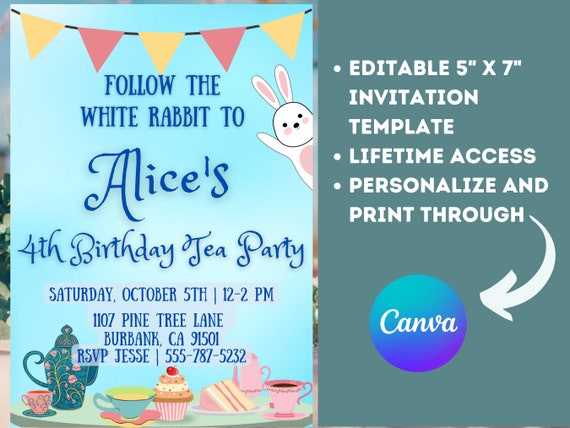 Alice in Wonderland Birthday Party Invitation - Canva Template