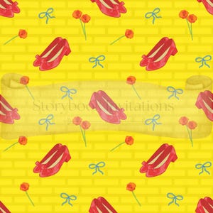 Puede incluir: Un patrón repetido de zapatos rojos, lazos azules y flores naranjas sobre un fondo de ladrillos amarillos. Un pergamino con el texto "Storybook Invitations" está en el centro. Los zapatos tienen lazos en la parte delantera.