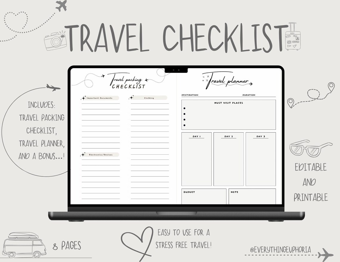 Vacation Packing Checklist & Planner, Travel Itinerary (digital ...