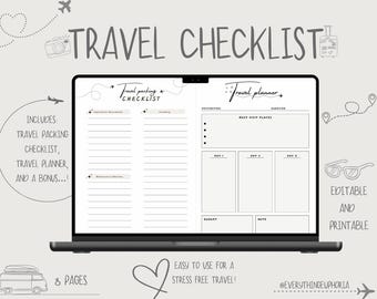 Checklist en planner voor vakantieverpakking, reisroute (digitale download)