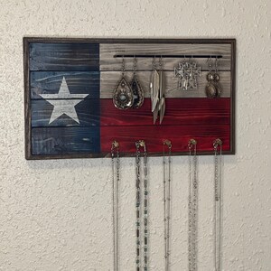 Rustic Wall Mount Wood Texas Flag Jewelry Holder, Organizer, Western Accessories