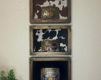 Rustic Western Buckle Display Case, Cowhide & Suede, Award Collectibles