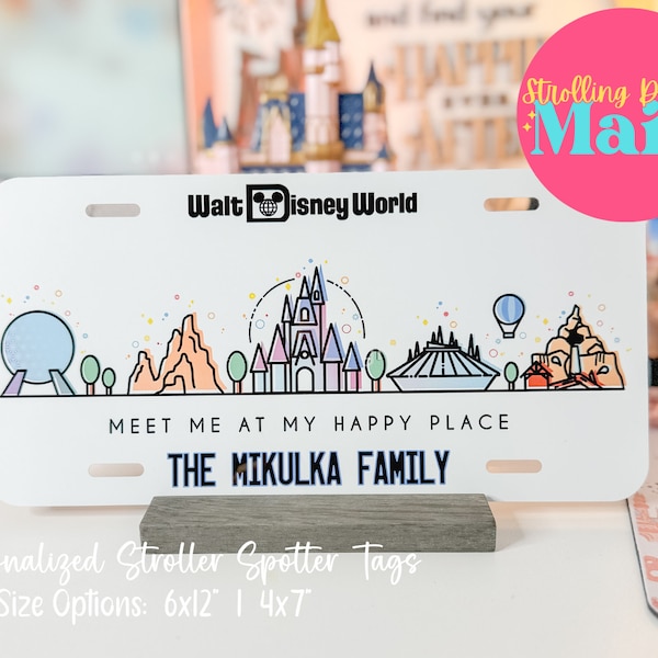 Disney Stroller Tag Parks Skyline Meet Me At My Happy Place Stroller Tag, Wonderfold Tag, Personalized Disney Stroller Name Tag