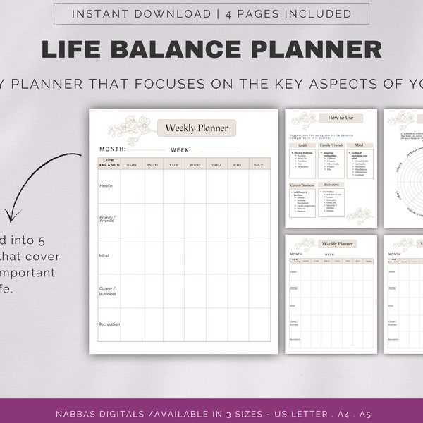 Life balance planner, Life and work planner, Undated PDF planner, Wheel of life, Work-life balance, Printable Planner, Life organizer