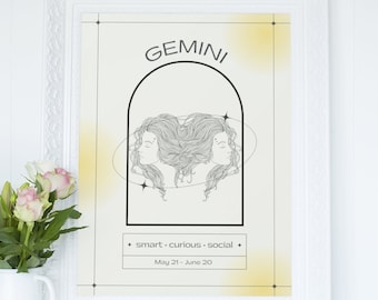 Gemini Wall Art | Gemini Print | Zodiac Printable Wall Art | Digital Download | Zodiac Prints For Wall | Gemini Gifts | Zodiac Gifts