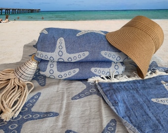 Blue Starfish Turkish Beach Towel – 100% Cotton Pestamel