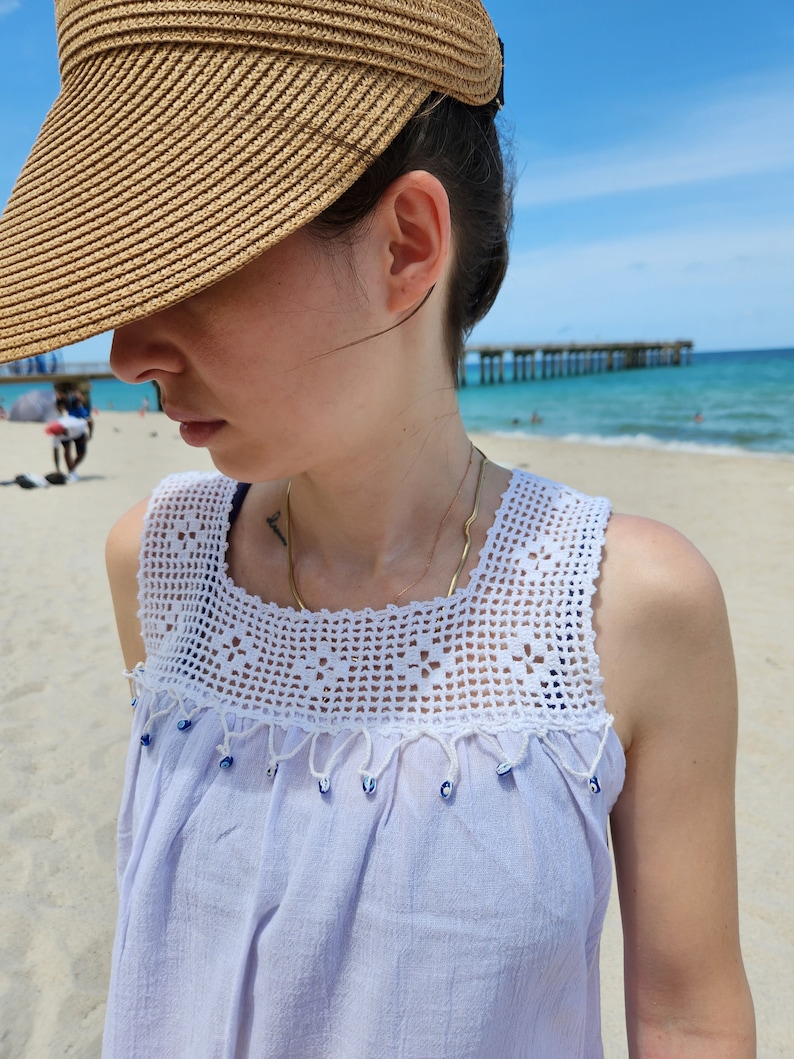 Handmade Cotton Beach Dress – White Sundress with Evil Eye Lace image 7