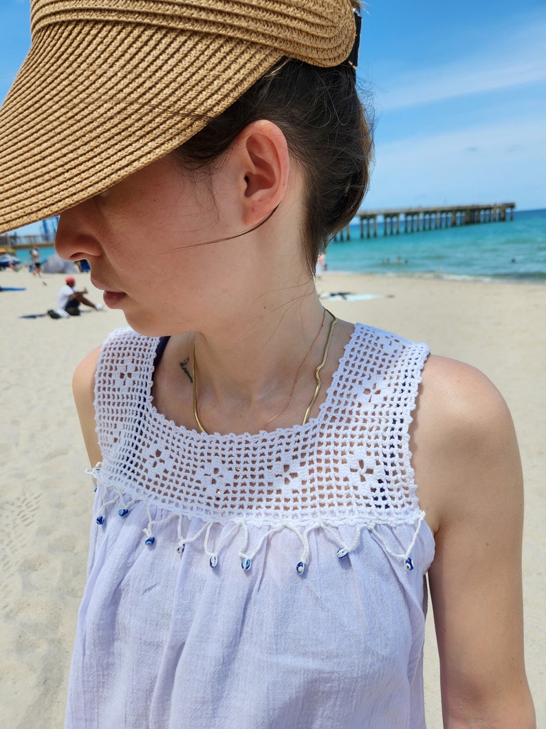 Handmade Cotton Beach Dress – White Sundress with Evil Eye Lace image 6