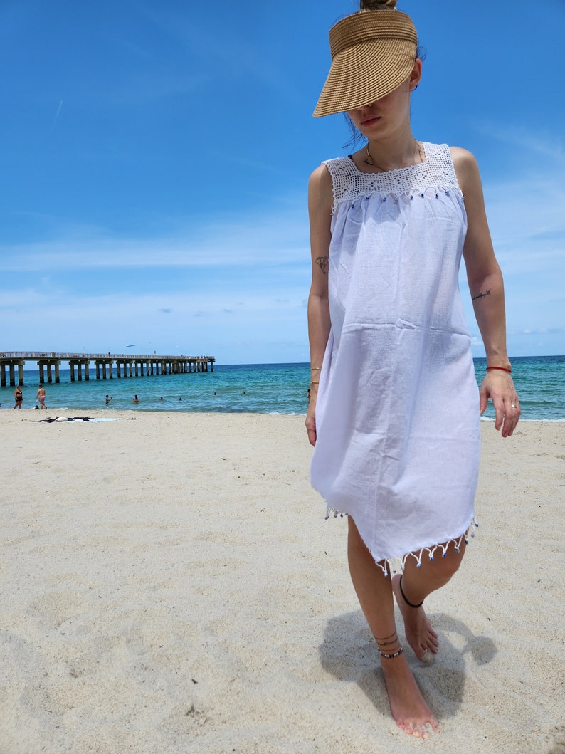 Handmade Cotton Beach Dress – White Sundress with Evil Eye Lace image 2