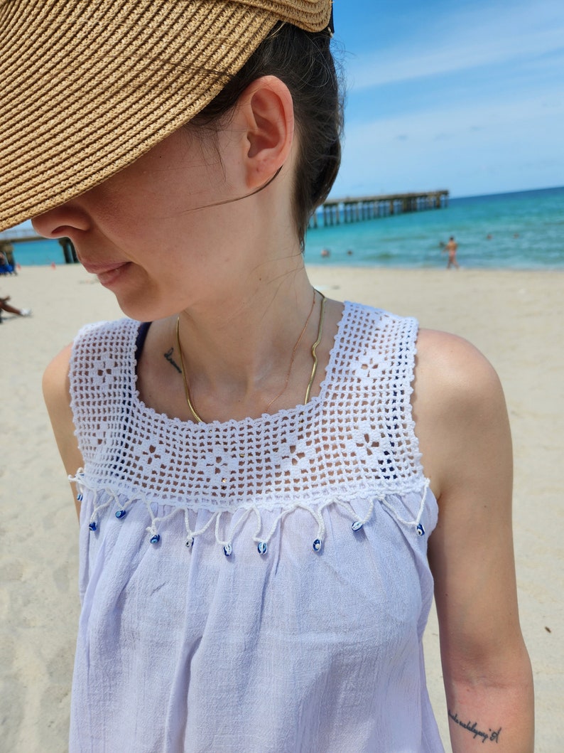 Handmade Cotton Beach Dress – White Sundress with Evil Eye Lace image 8