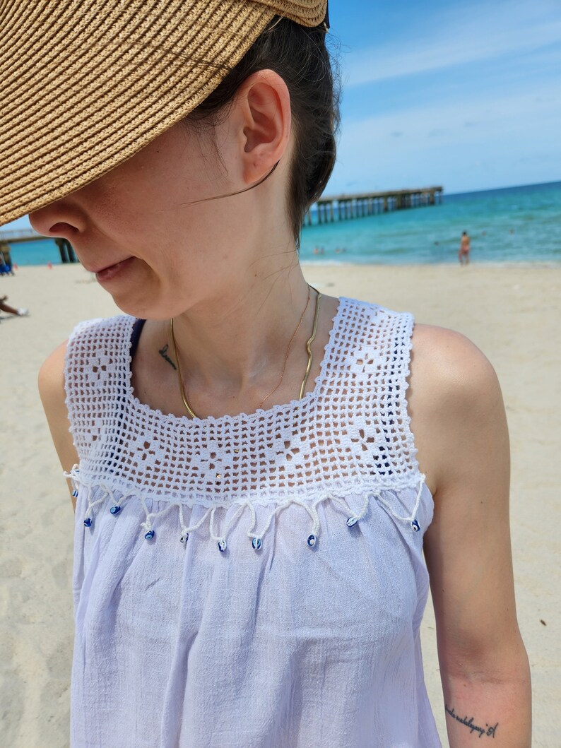 Handmade Cotton Beach Dress – White Sundress with Evil Eye Lace image 9