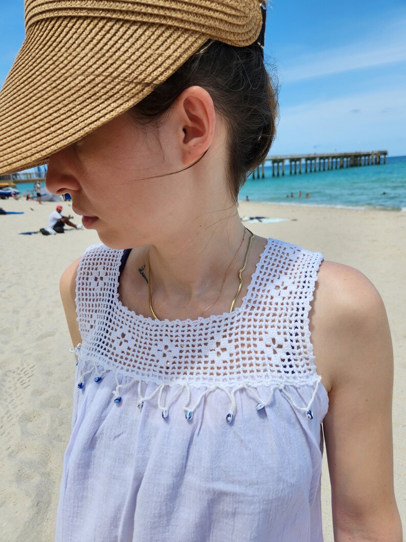 Handmade Cotton Beach Dress – White Sundress with Evil Eye Lace image 5