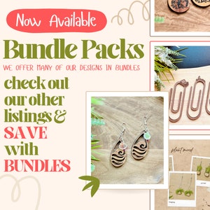 Pode incluir: Um par de brincos de madeira com um design de onda e um pequeno charme de concha. Os brincos est&atilde;o pendurados em ganchos de prata. O texto "Now Available Bundle Packs" est&aacute; no canto superior esquerdo da imagem. O texto "WE OFFER MANY OF OUR DESIGNS IN BUNDLES" est&aacute; abaixo do texto "Now Available Bundle Packs". O texto "check out our other listings & SAVE with BUNDLES" est&aacute; no canto inferior esquerdo da imagem.