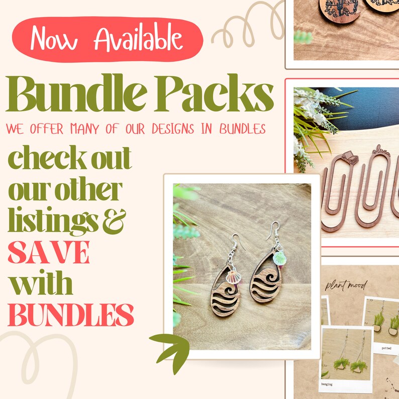 Pode incluir: Um par de brincos de madeira com um design de onda e um pequeno charme de concha. Os brincos est&atilde;o pendurados em ganchos de prata. O texto "Now Available Bundle Packs" est&aacute; no canto superior esquerdo da imagem. O texto "WE OFFER MANY OF OUR DESIGNS IN BUNDLES" est&aacute; abaixo do texto "Now Available Bundle Packs". O texto "check out our other listings & SAVE with BUNDLES" est&aacute; no canto inferior esquerdo da imagem.