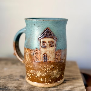 Little House on the Prairie Mug Handmade Stoneware Pottery Coffee Cup Carved House Rustic Cottagecore Smoke Blue Wheat Glaze