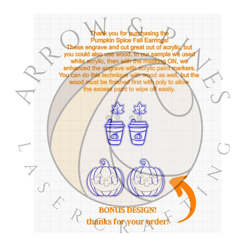 Puede incluir: Un archivo de dise&ntilde;o digital para cortar con l&aacute;ser pendientes de oto&ntilde;o de especias de calabaza. El dise&ntilde;o incluye dos tazas de caf&eacute; con una calabaza dentro y una hoja en la parte superior, y dos calabazas de jack-o'-lantern. El texto "Pumpkin Spice Fall Earrings!" y "BONUS DESIGN! thanks for your order!" tambi&eacute;n est&aacute; incluido en el dise&ntilde;o.