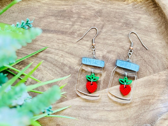 Strawberry Jam Jar Dangle Earrings SVG: Fruit Earrings (Digital File)