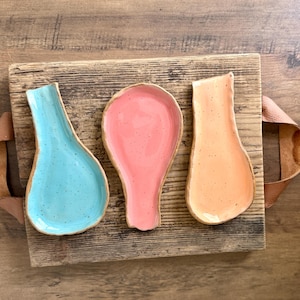 Handmade Ceramic Spoon Rests Set in Bright Colors Pink Blue and Peach Pottery Kitchen Decor