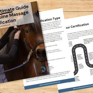 May include: A manual titled "The Ultimate Guide to Equine Massage Certification" with a horse and person in the background. Additional pages detail certification types and steps. The Flourish Equine Bodywork logo is visible.