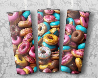 Colourful 20 oz skinny tumbler doughnut design, straight wrap