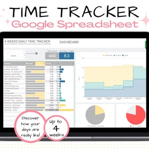 May include: A laptop screen displaying a Google Spreadsheet time tracker with a dashboard showing total hours, average sleep per night, and a chart of time spent on different activities. The spreadsheet is titled "4 Weeks Daily Time Tracker" and includes a section for "Discover how your days are really like!" and "Up to 4 weeks".