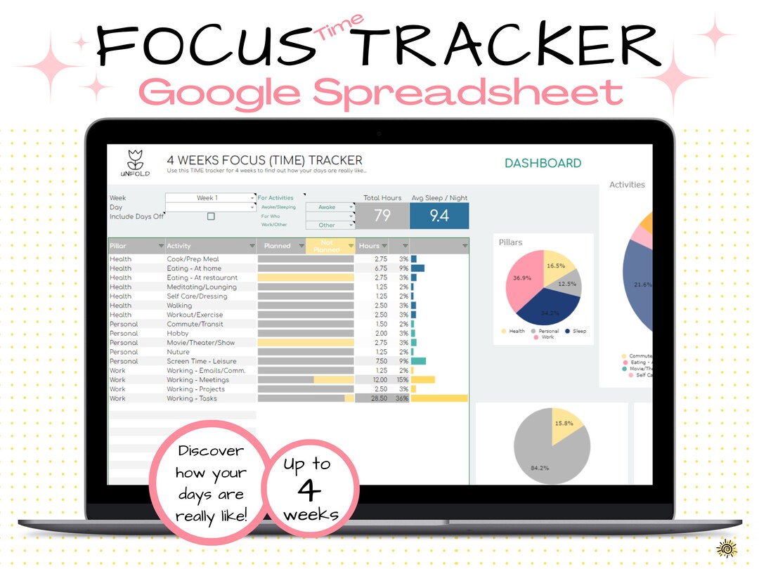 FOCUS (TIME) Tracker Spreadsheet • Google Sheet Template • up to 4 ...