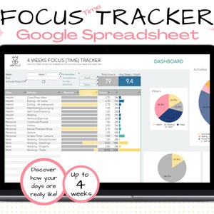 May include: A laptop computer screen displaying a Google Spreadsheet titled "4 Weeks Focus (Time) Tracker". The spreadsheet is a time tracker for tracking activities and sleep. The spreadsheet includes a dashboard with pie charts showing the percentage of time spent on different activities. The text "Discover how your days are really like!" and "Up to 4 weeks" is displayed on the screen.