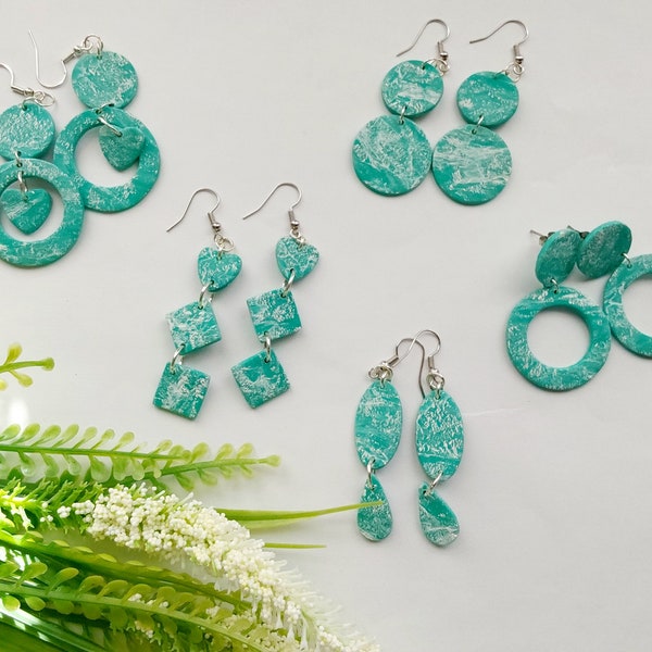 Green/teal polymer clay earrings collection, polymer clay earrings, dangle earrings, modern clay earrings