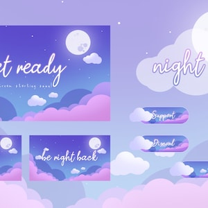 Könnte beinhalten: Digitales Kunstwerk mit einem verträumten Nachthimmel mit Vollmond, Wolken und Sternen. Der Text enthält "get ready", "stream starting soon", "night time", "Offline" und "be right back". Enthält auch Schaltflächen mit dem Text "Support", "About me", "Discord" und "Schedule".