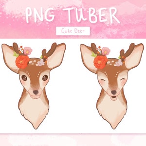 Könnte beinhalten: Zwei Aquarell-Hirschköpfe mit floralen Geweihen. Die Hirsche haben braunes Fell, weiße Flecken und sind mit orangefarbenen und rosa Blumen geschmückt. Der Text "PNG TUBER" und "Cute Deer" wird auf einem rosa Hintergrund angezeigt.