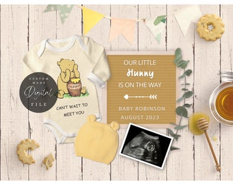 Neutral Digital Baby Pregnancy Announcement For Social Media | Our Little Hunny Letter Board | Winnie The Pooh