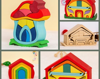 Waldorf Wooden House Stacker Toys, Montessori Mushroom House Puzzle, Rainbow Nursery Decor, Toddler, Organic Educational Toys, Gift For Kids