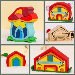 Waldorf Wooden House Stacker Toys, Montessori Mushroom House Puzzle, Rainbow Nursery Decor, Toddler, Organic Educational Toys, Gift For Kids