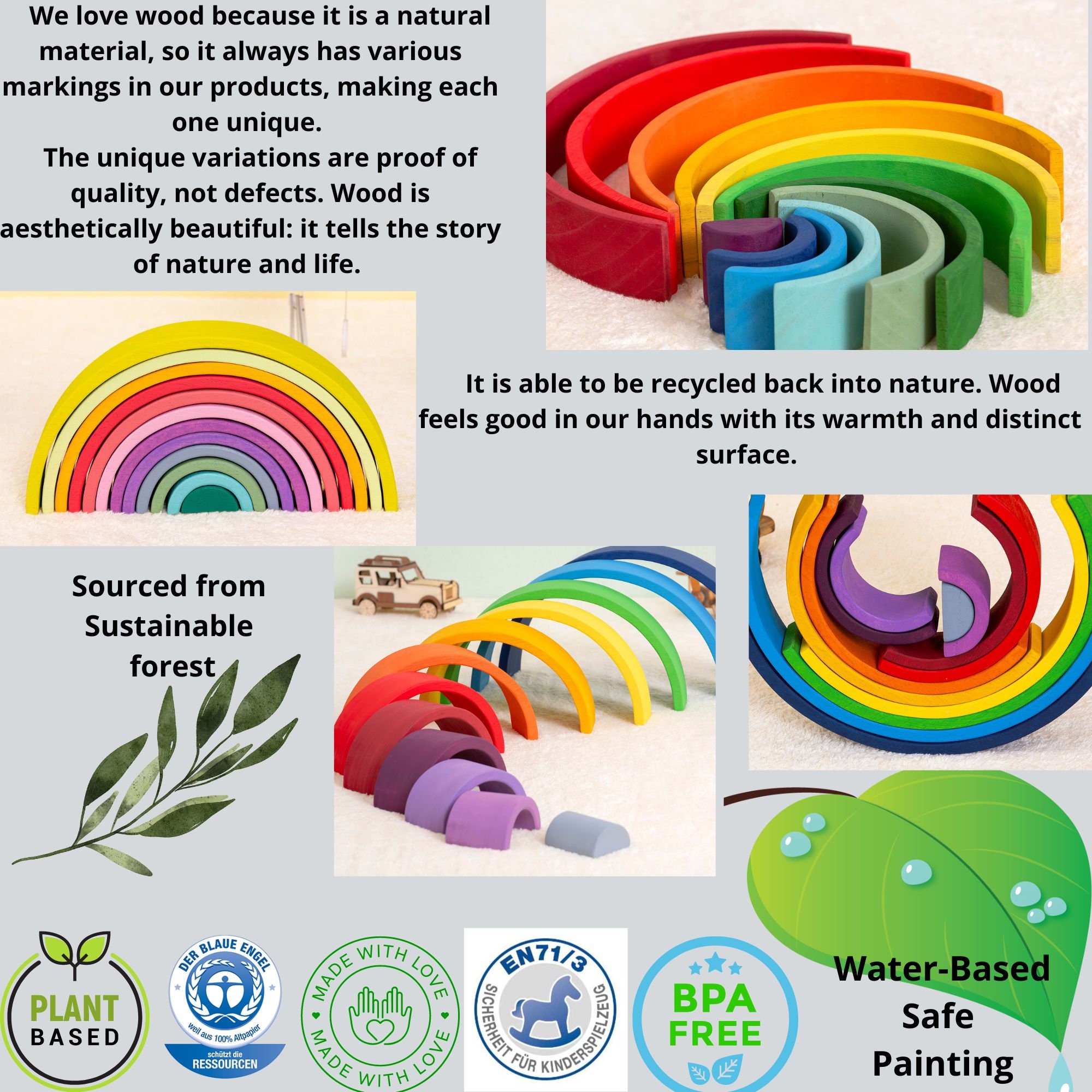 Wooden Rainbow Stacker Toy, Waldorf Semicircle Set, Rainbow Stacking